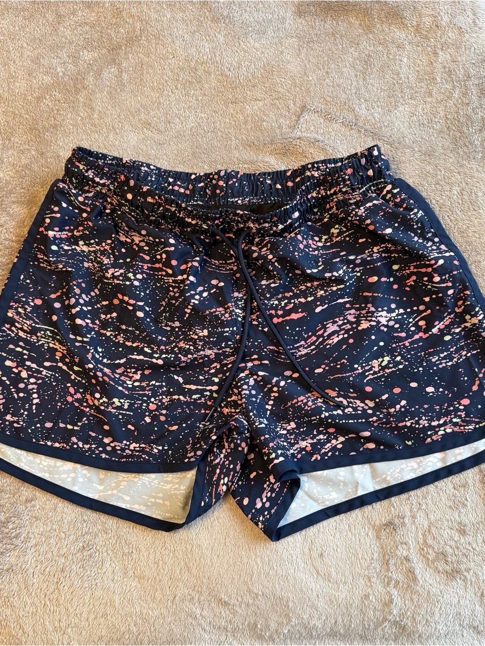 Ideology Navy Splatter-Print Athletic Shorts, XL
